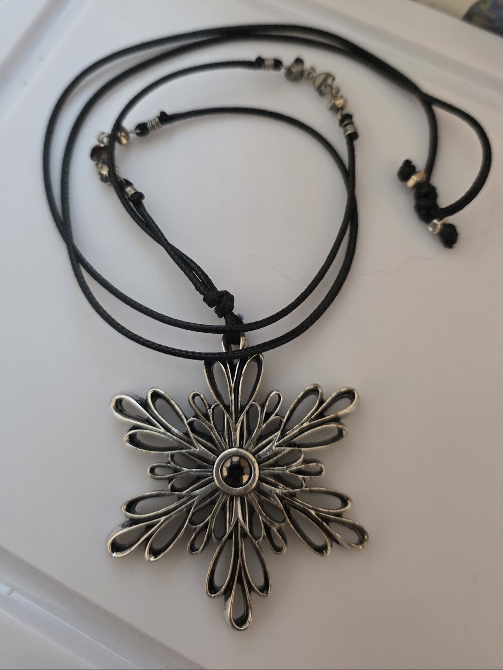 Vintage Silvertone Flower Pendant Necklace On Black Cord